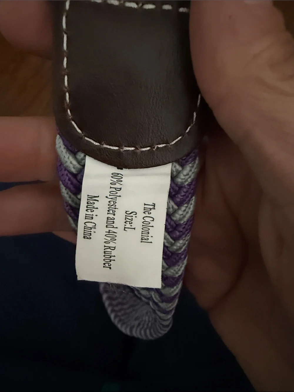 Purple and White Braided Stretch Belt with Brown Leather Trim